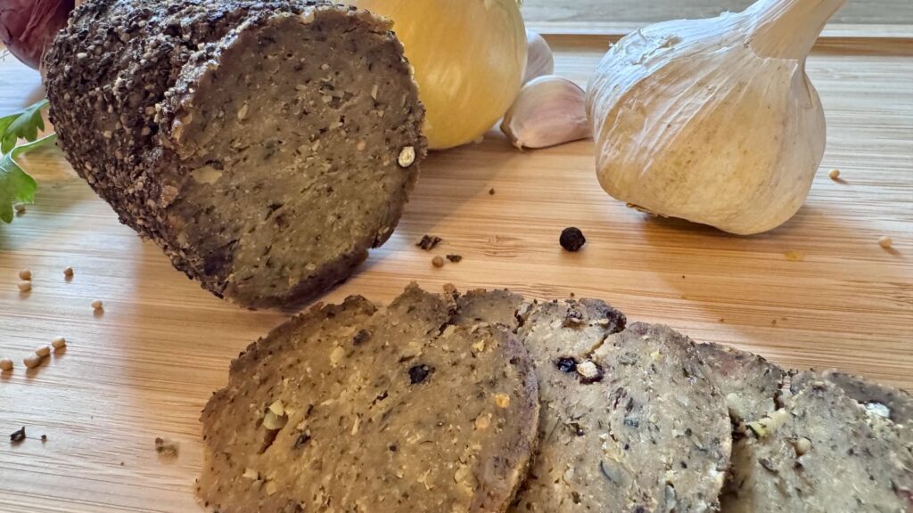 Aufgeschnittene vegane Pfeffer-Seitalami mit Pfefferkruste