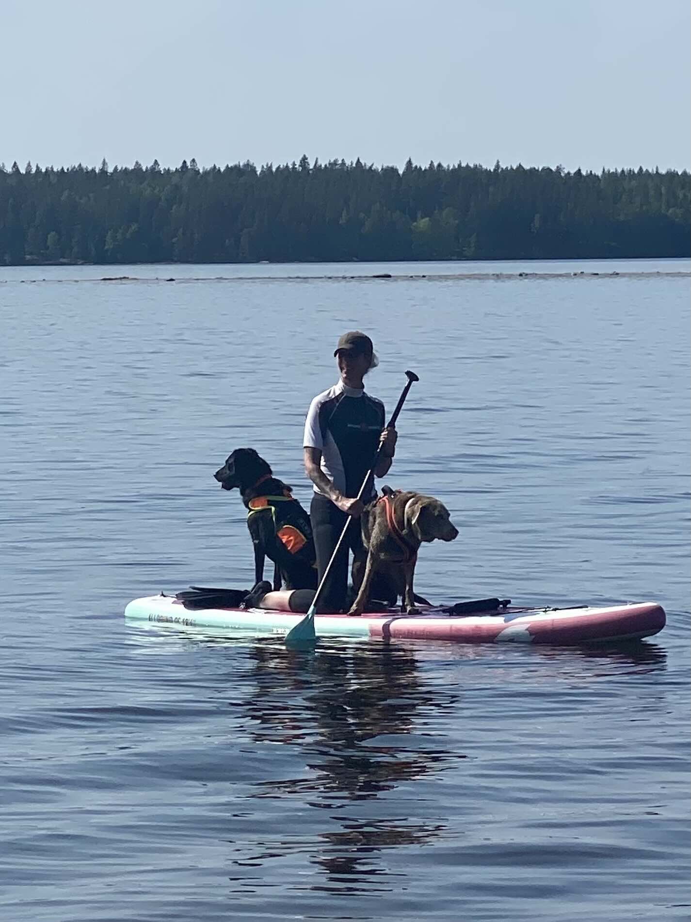 Tobyas und Maya fahren mit Annika auf einem SUP über einen See in Finnland.